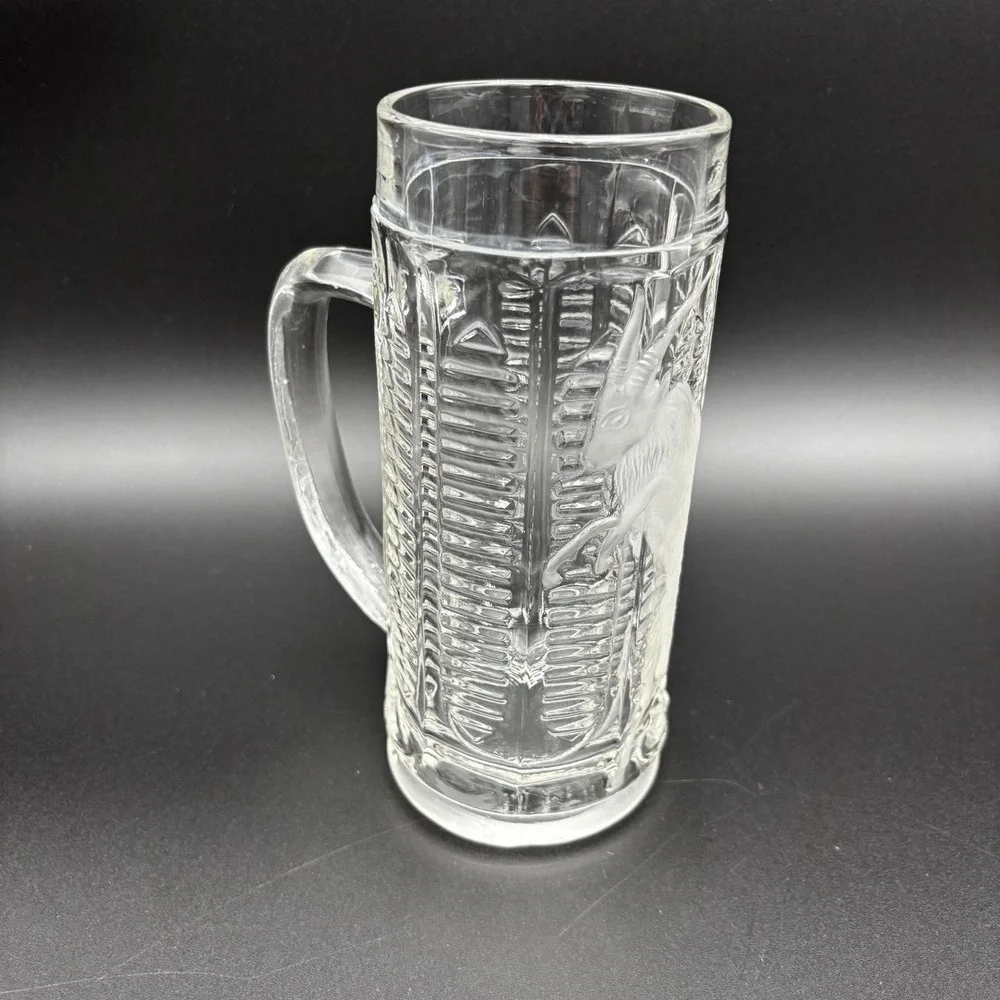 Bohemian Pressed‎ Glass German Tankard Mug Stein w Etched Ram Goat VTG 7.5